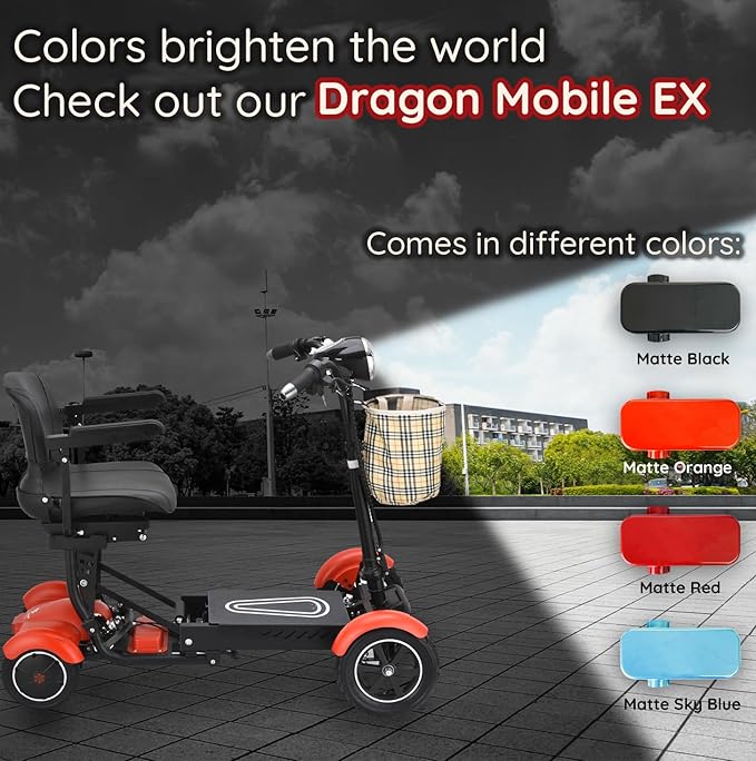 Dragon Mobile EX 4 Wheel Foldable Mobility Scooter for Adults, Elderly & Travel - All Terrain Aluminum Alloy Power Wheelchair with Premium Large Seat - Front Basket Included (Matte Red)
