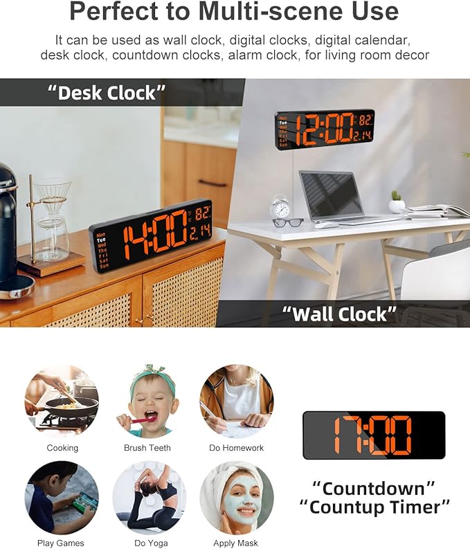 JoFomp Large Display Digital Alarm Clock for Bedroom, Living Room and Office - LED Electronic Clock with DST, Temperature Display - Dimmer & Battery Backup - Modern Desk and Wall Clock (Orange)