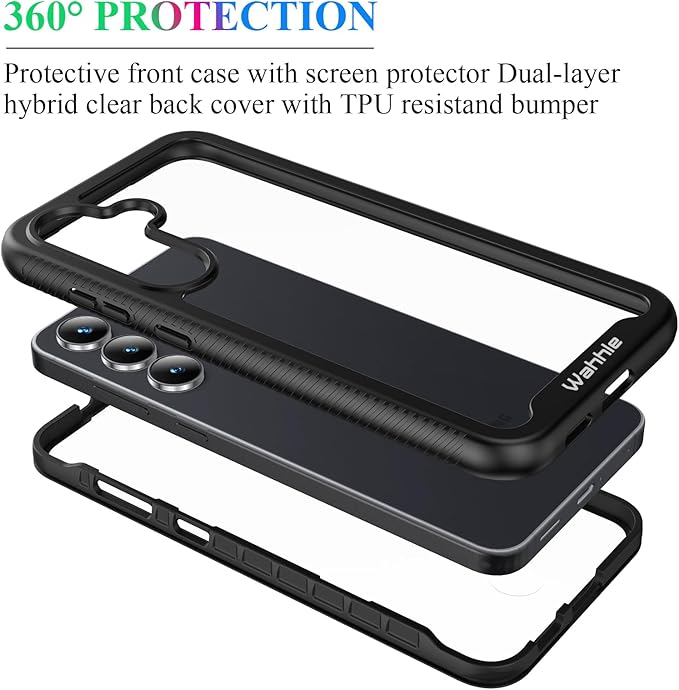 wahhle Compatible with Samsung Galaxy S25 FE Case, Built in Screen Protector Full Body Shockproof Slim Fit Bumper Protective Phone Cover for Galaxy S25 FE 5G Men Women-Black/Clear