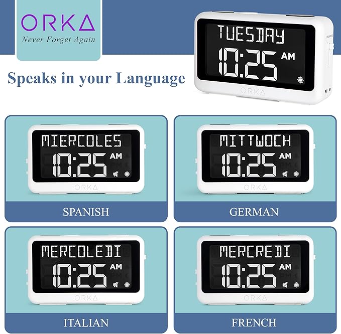 ORKA Talking Clock Voice Recordable Medication Reminder Dementia Alarm Clock for Seniors White