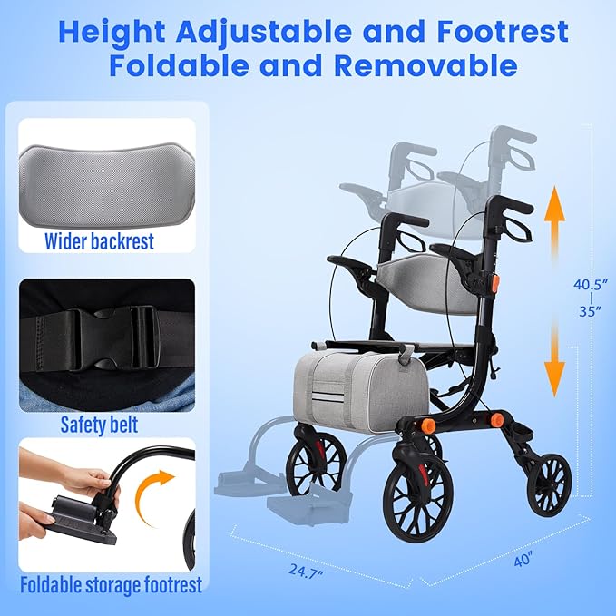 2-in-1 Walkers for Seniors with Seat & Transport Wheelchair Combo,All-Terrain Rolling Walker,Adjustable Height for Indoor Outdoor Mobility with Brakes & Storage Pouch