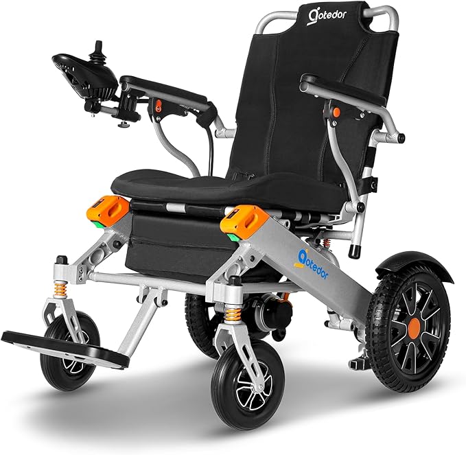 Aotedor Electric Wheelchairs for Adults,Equipped with 2 Packs Safe Side Slide-in Batteries 20 Miles Travel Range All Terrain Motorized Wheelchair for Seniors Airline Approved (Silver-Orange)