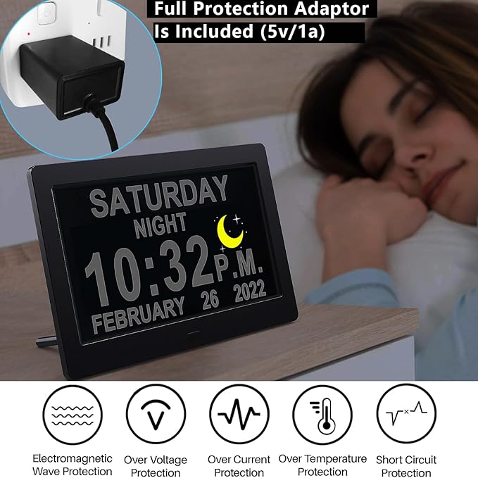 Upgraded Voice-Talking Dementia Clock with Date Time, 27 Alarms Custom Reminders, Sleep Trainer, Large Numbers, Auto DST, 10 Levels Night Dimmer, Digital Calendar Clock for Elderly, with 1.5M Adaptor