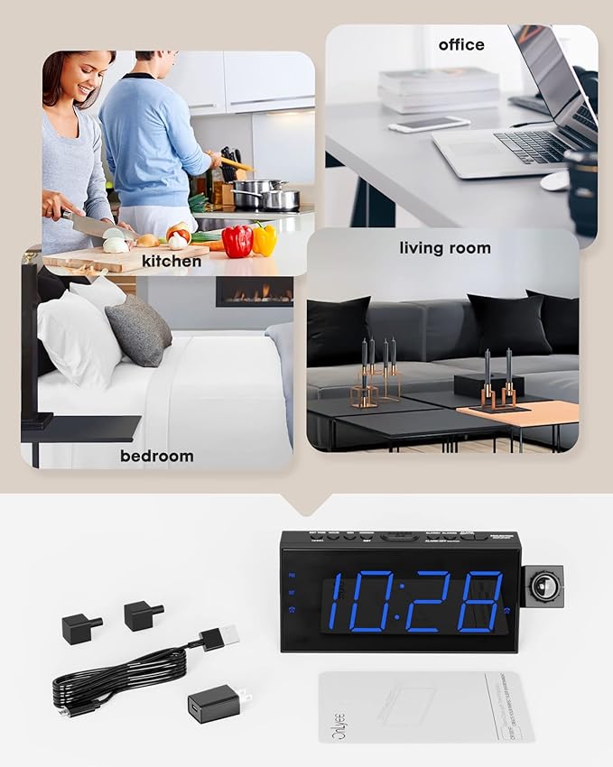 OnLyee Projection Alarm Clock for Bedroom, LED Digital on Ceiling Wall with USB Phone Charging, Battery Backup, 180° Rotatable Projector & Dimmer, 12/24H, DST, Snooze, Dual Loud Bedside Heavy Sleeper