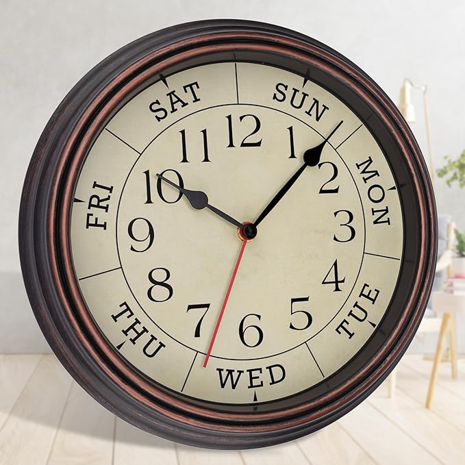 Foxtop Day of The Week Wall Clock for Seniors, 14 Inch Classic Silent Day Wall Clock for Office Home, Ideal Retirement Gift for Men & Women (Bronze)