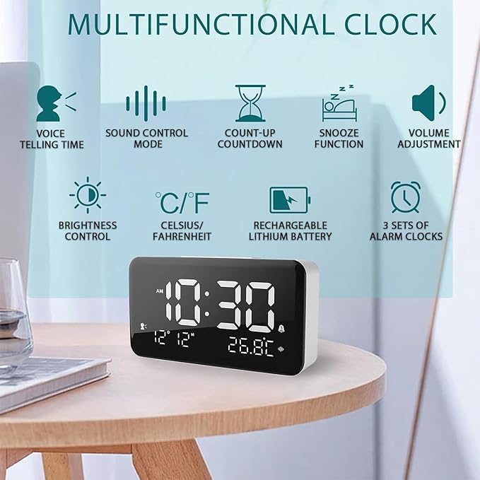Talking Alarm Clock and Countdown Timer, Hourly Chime for Visually Impaired Elderly Seniors Blind, Battery Operated, Snooze, Temperature, Vibration, Rechargeable, 99 Minutes Led Count down Timing