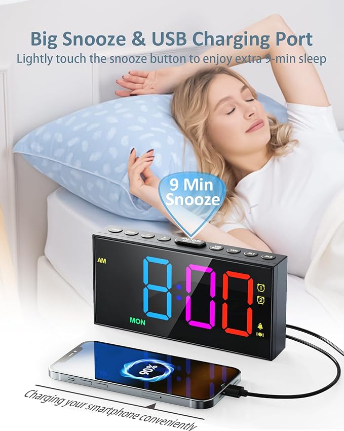 Roxicosly RGB Display Vibrating Alarm Clock with Bed Shaker for Heavy Sleepers Adults, 7-Level Dimmer, Dual Alarms with Weekday & Weekend Mode, Large Digits, Snooze, USB Charger, Battery Backup