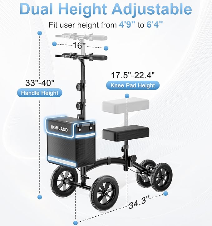 HOMLAND Knee Scooter Walker for Adults Foot Injuries Ankle Surgery, Foldable Steerable Leg Scooters with Dual Handbrake, Height Adjustable Handle & Knee Pad, Removable Storage Bag, 300 lbs Capacity
