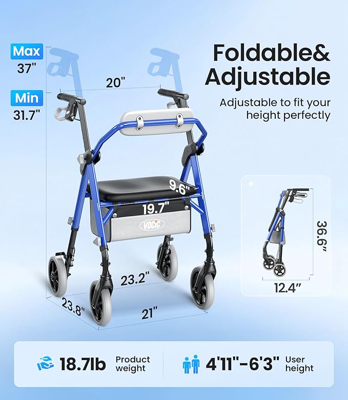 Walker for Seniors, Z11 All Terrain Walker with Ergo Seat, 380 lbs Weight Capacity, Height Adjustable