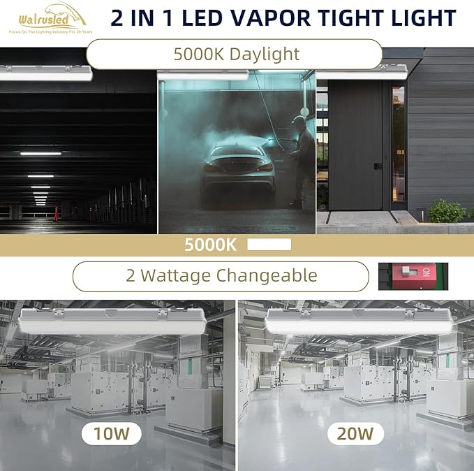 2FT LED Vapor Tight Light, Tri-Level Motion Sensor, IP65 IK08, 10W(1250lm)/20W(2500lm), 5000K, 100-277V, Dimmable, Outdoor Waterproof Shop Light, Vapor Proof Lighting Fixture for Carport, FCC, 4-Pack