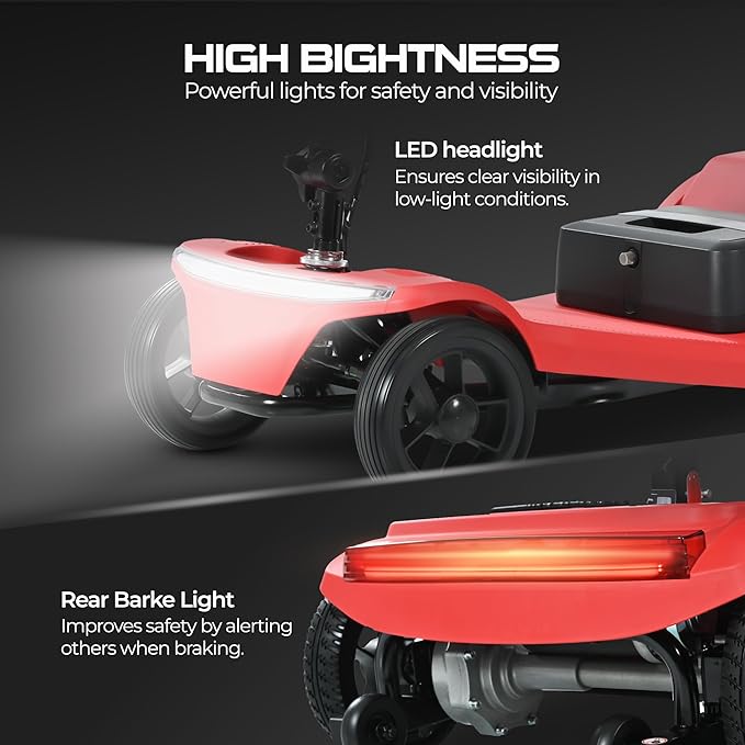 Metro Mobility 4 Wheel Foldable Mobility Scooters for Adults-330 lbs Capacity Powered Mobility Scooters, Mobility Scooter Lightweight, Electric Scooters for Seniors 20 Miles Range LED Light Red