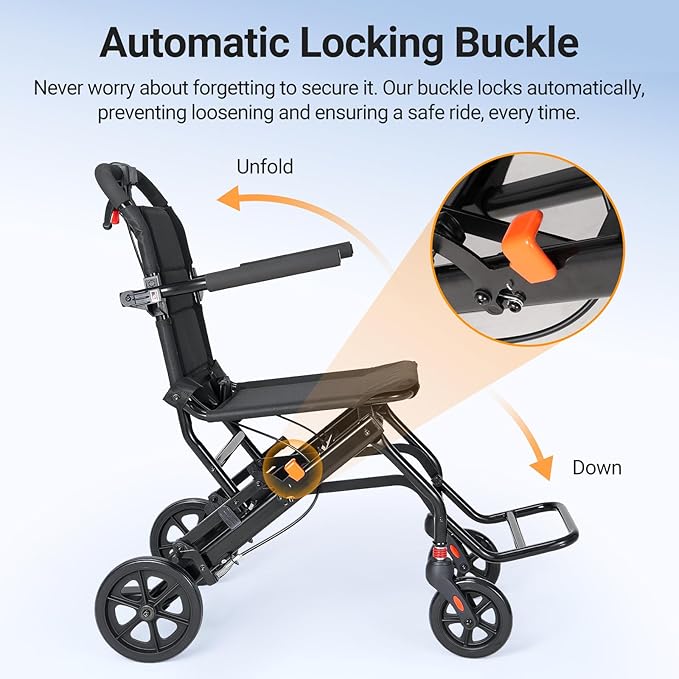 22lbs Ultra Lightweight Folding Transport Wheelchair for Adults & Seniors, Portable Travel Wheelchair with Telescopic Handle (Black)