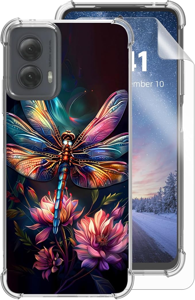 for Motorola G Power 5G 2024 Clear Phone Case, Lightweight Transparent TPU, Colorful Dragonfly Shockproof Four Corner Anti-Fall Case 6.7" for Moto G Power 5G, Screen Protector Film