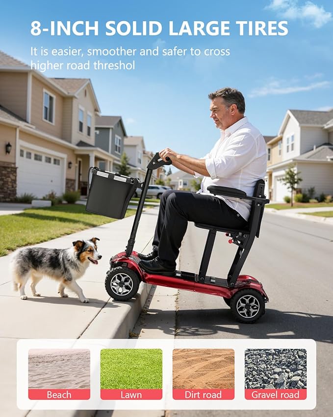Powered Mobility Scooter for Adults, Seniors - 23MI Extra Long Range Foldable 4 Wheel Electric Motorized Scooter for Travels with Airport Approved Dual Batteries, All Terrain Motorized Scooter (Red)