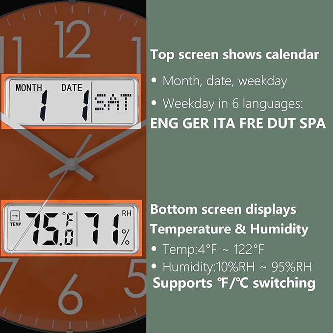 Nbdeal 13-Inch Analog Silent Wall Clock with Calendar Temperature & Humidity (Orange)