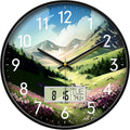 12'' Silent Non-Ticking Rustic Mountain Wildflowers Wall Clock, Battery Operated Analog with LCD Date Day Temp Display, for Living Room Bedroom Farmhouse Cottage Cabin Decor