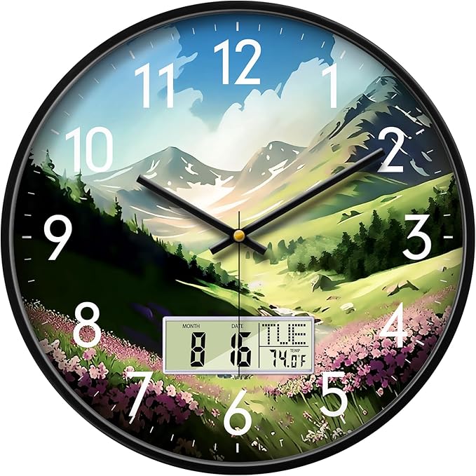 12'' Silent Non-Ticking Rustic Mountain Wildflowers Wall Clock, Battery Operated Analog with LCD Date Day Temp Display, for Living Room Bedroom Farmhouse Cottage Cabin Decor