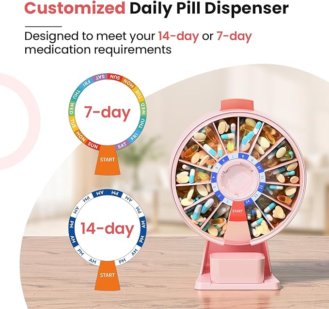 Odaro Large Pill Dispenser Weekly 7-Day AM/PM Wall-Mount or Standing Pink