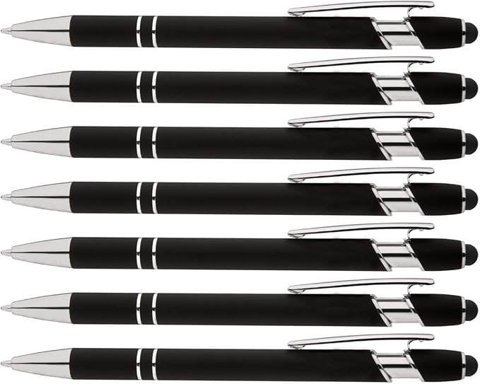 Express Pencils Rainbow Rubberized Soft Touch Ballpoint Pen with Stylus Tips a stylish, premium metal pen, black ink, medium point. Box of 7 (BLACK)