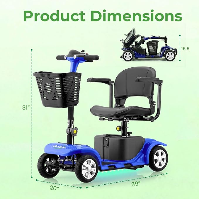Mobility Scooter for Adults, 4 Wheels Lightweight Scooter, Foldable Mobility Scooter Long Range for Travel, Adults, Elderly, Supports 300 lbs, Powered Wheelchair with Charger & Basket (Blue)