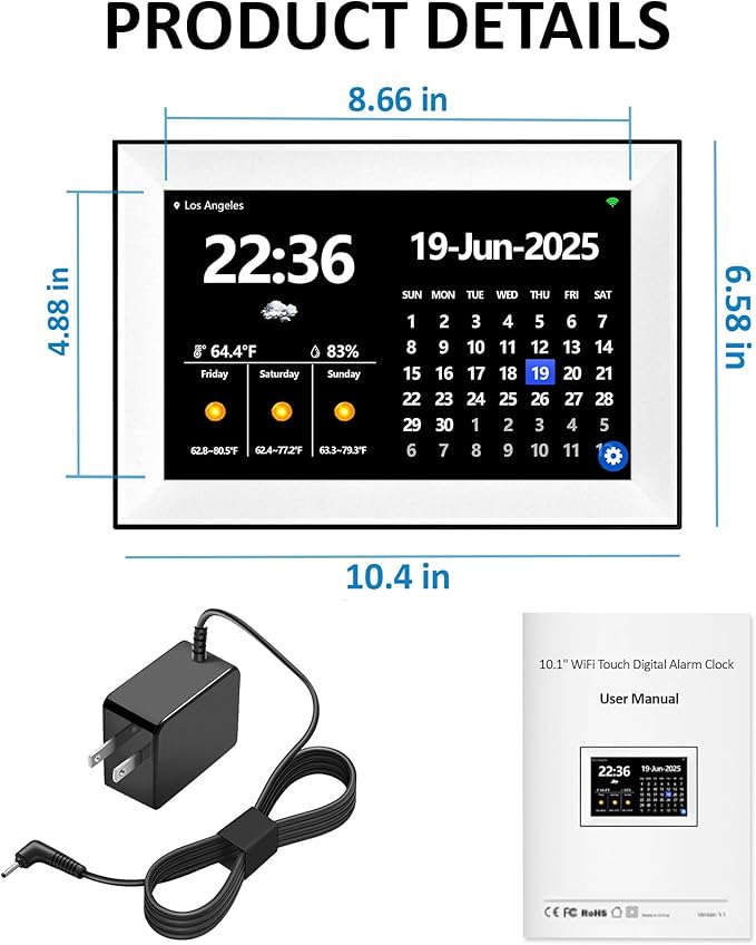 WiFi 10.1 Inch Digital Alarm Clock for Seniors, Large Display with Day/Date Smart Touchscreen Electronic Calendar 64 Alarms 64 Reminders Dementia Alarm Clock for Elderly（White）