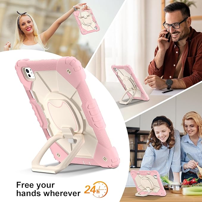 Dteck for iPad Pro 11 inch (M4/M5) 2024/2025 Release Shockproof Case with Shoulder Strap/Stylus Pencil Holder/Rotating Kickstand Handle, Heavy-Duty Sturdy Rugged Cover, Protective Tablet Shell, Pink