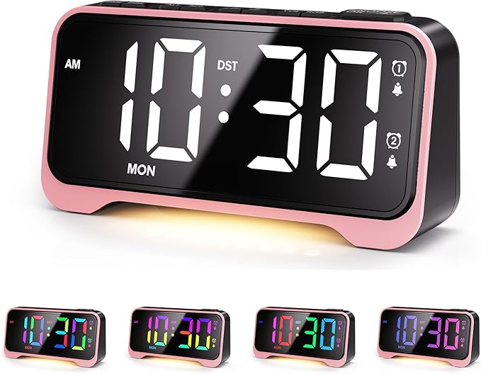Mesqool Pink Digital Alarm Clock for Girls & Teens – Super Loud Alarm for Heavy Sleepers, RGB Display, Dual Alarm with Snooze, USB Charger, Night Light, Battery Backup, Plug-in Powered