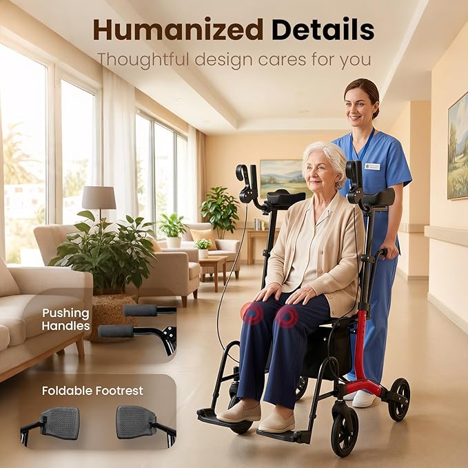 Upright Walkers for Seniors 450 lbs Capacity, 22 lbs Foldable Lightweight Walkers for Seniors with Seat, Armrest and Pedal, Height Adjustable Rollator Walker with Seat for Travel & Gift (Red)