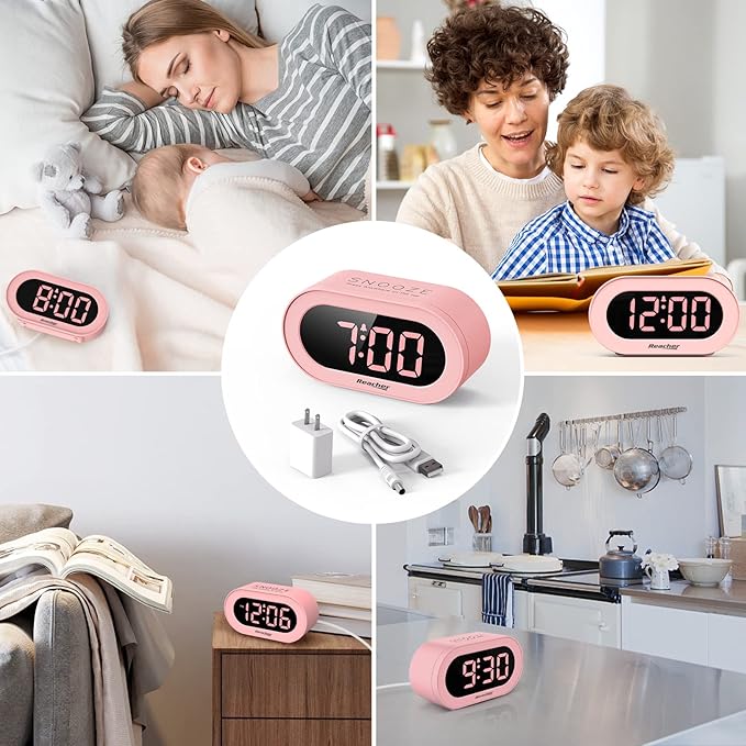 REACHER Pink Girls Alarm Clock for Kids Bedroom, Dimmable LED Digital Display, Outlet Powered, Adjustable Volume, Simple to Use, Snooze, Small Size for Bedside, Desk, Toddler