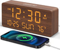 DreamSky Wooden Digital Alarm Clocks for Bedrooms - Living Room Desk Clock with Date and Day of Week, Temperature, USB Port, Dimmer Wheel, Adjustable Volume, Auto DST, Wood Decor for Office Table