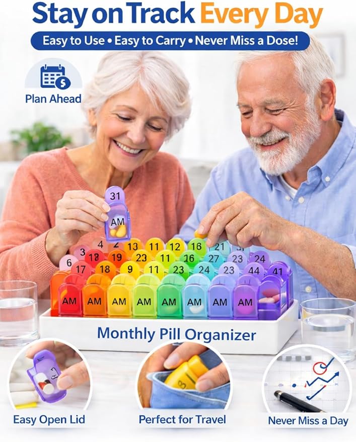 Monthly Pill Organizer Monthly 31 Day AM PM – Pill Sorter Monthly with Large Compartments, 2 Times Pill Container,Monthly Pill Holder for Vitamins, Supplements & Daily Medication