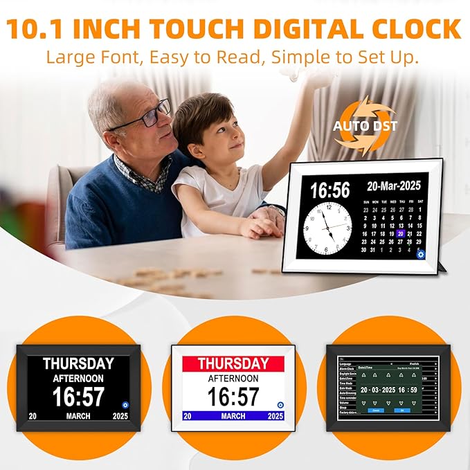 Bgift 10.1Inch Touch Screen Digital Alarm Clock for Seniors,with Date and Day of Week, Auto DST 64 Alarms 40 Reminder,Digital Calendar for Elderly,Auto Dimmable Gifts