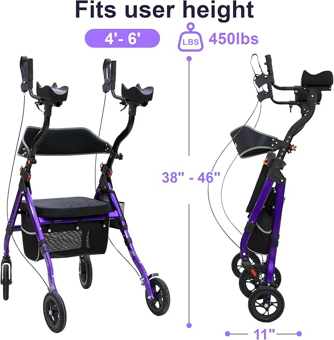 BlessReach Heavy Duty Upright Rollator Walker for Seniors, 450lb Capacity, 6 Height Adjustments, 8" All-Terrain Wheels, Padded Seat & Backrest, Easy Assembly, Foldable Design (Purple)