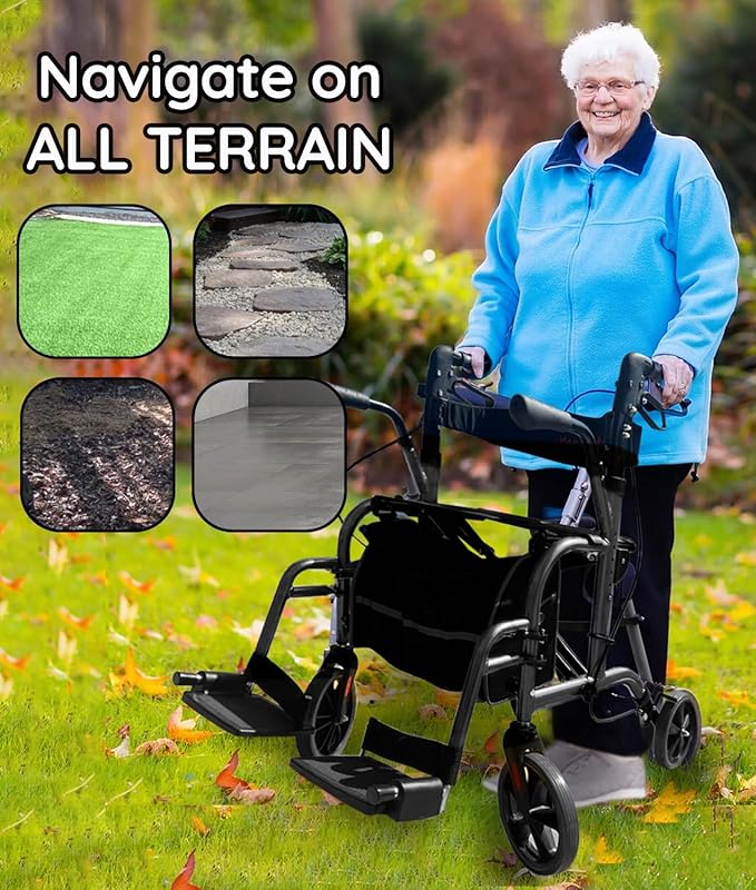 2 in 1 All Terrain Rolling Walker with Seat and Brakes, Foldable, Lightweight, for Seniors & Adults - Adjustable Height & Detachable Footrest Included (Dark Gray)