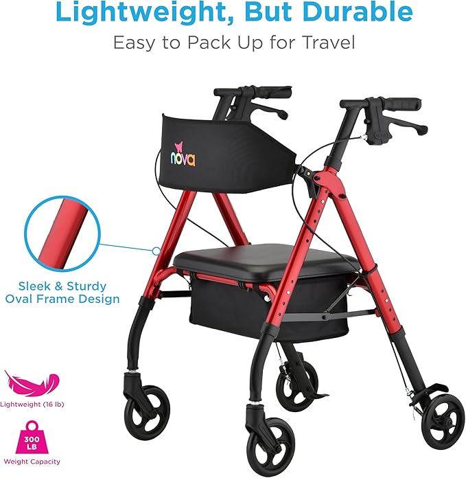 NOVA Star 6 Foldable Rollator Walker for Seniors, Wide Padded Backrest with Seat, 6” All-Terrain Wheels, Easy-Grip Locking Hand Brakes, Height Adjustable, Red