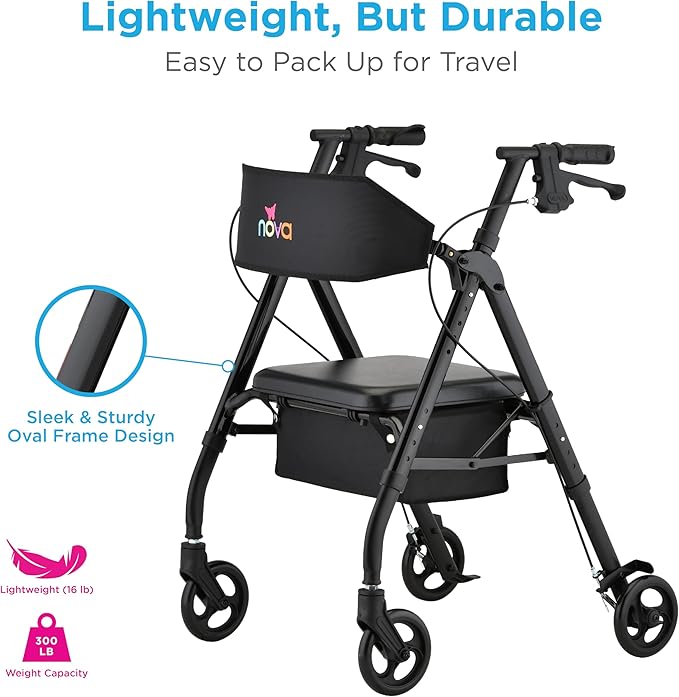 NOVA Star 6 Foldable Rollator Walker for Seniors, Wide Padded Backrest with Seat, 6” All-Terrain Wheels, Easy-Grip Locking Hand Brakes, Height Adjustable, Black