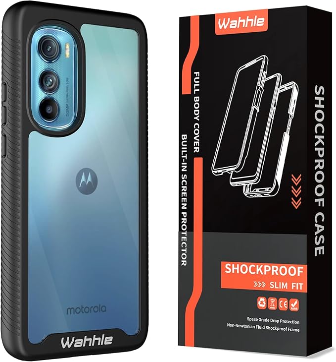 wahhle Compatible with Motorola Edge 2022 Case, Built in Screen Protector Full Body Shockproof Slim Fit Bumper Protective Phone Cover for Edge 5G UW 2022 Men Women-Black/Clear [Not for Edge Plus]