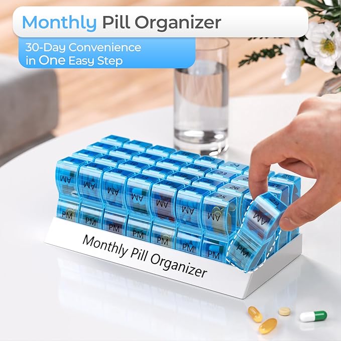 Monthly Pill Organizer AM/PM 30-Day Travel Medicine Case for Vitamins Blue