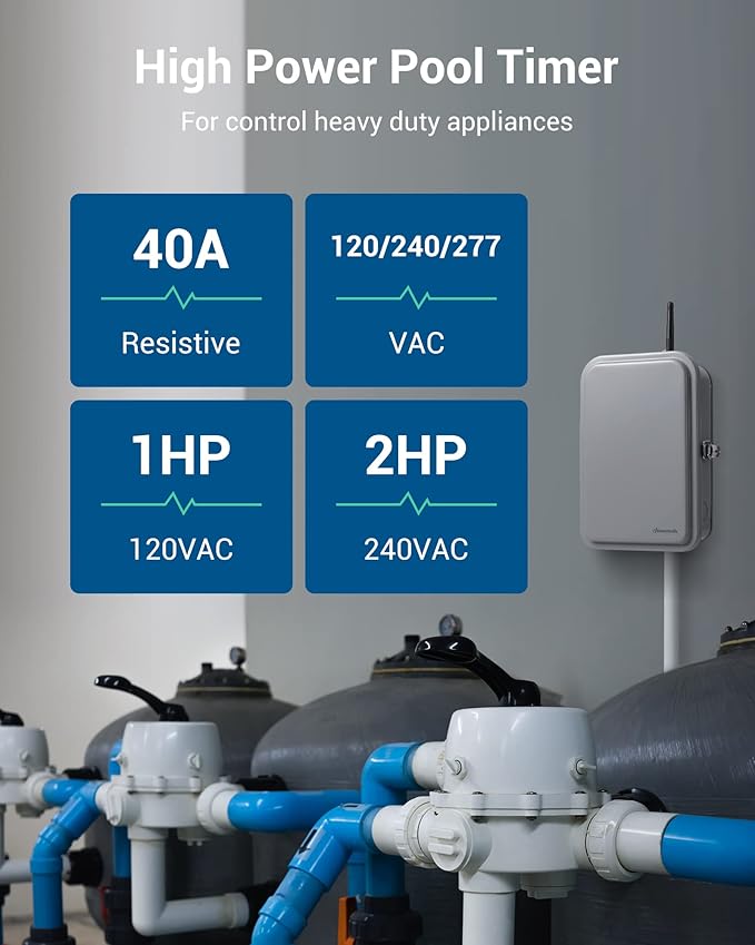 DEWENWILS Pool Pump Timer, Outdoor Smart Wi-Fi Box, Heavy Duty 40A 120-277 VAC 2HP Wireless Controller for Pool, Water Heater, Compatible with Smart Phone, Alexa, Google Assistant, UL Listed