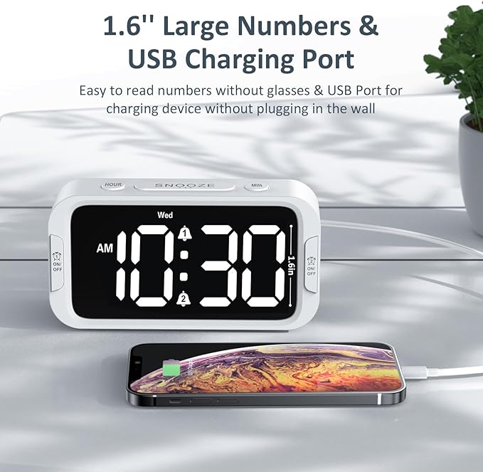 Odokee Digital Dual Alarm Clock for Bedroom, Easy to Set, 0-100% Dimmer, USB Charger, 5 Sound Adjustable Volume, Weekday/Weekend Mode, Snooze, 12/24Hr, Battery Backup, Compact Clock for Bedside(White)