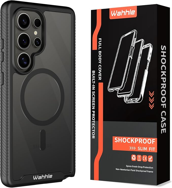 wahhle Compatible with Samsung Galaxy S25 Ultra Case, Magnetic Wireless Charging Built in Screen Protector Full Body Shockproof Slim Fit Bumper Protective Phone Cover for S25 Ultra-Black/Clear