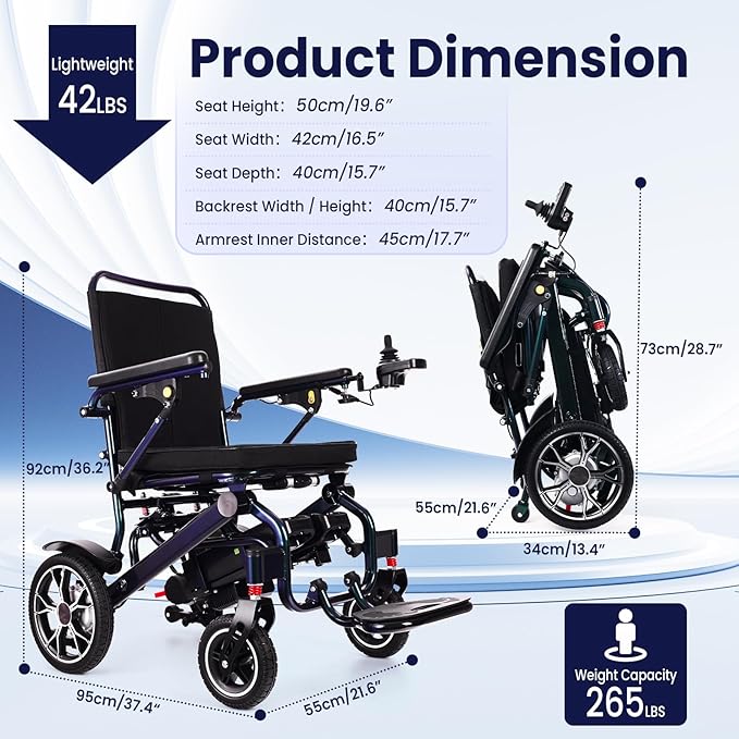 Electric Wheelchairs for Adults, 25 Miles New Remote Controlled Wheelchair, Ultra Lightweight 42LBS Folding Compact Motorized Wheelchair, Unique Blue Green Gradient Color, Airline Approved