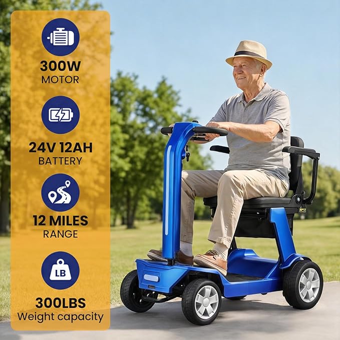 4 Wheels Foldable Mobility Scooter for Adults & Senior,15Miles Compact Heavy Duty Mobility Scooter, 300W Brushed Motor All Terrain, 265 lb Capacity Mobility Scooter, Adjustable Speed (Blue)
