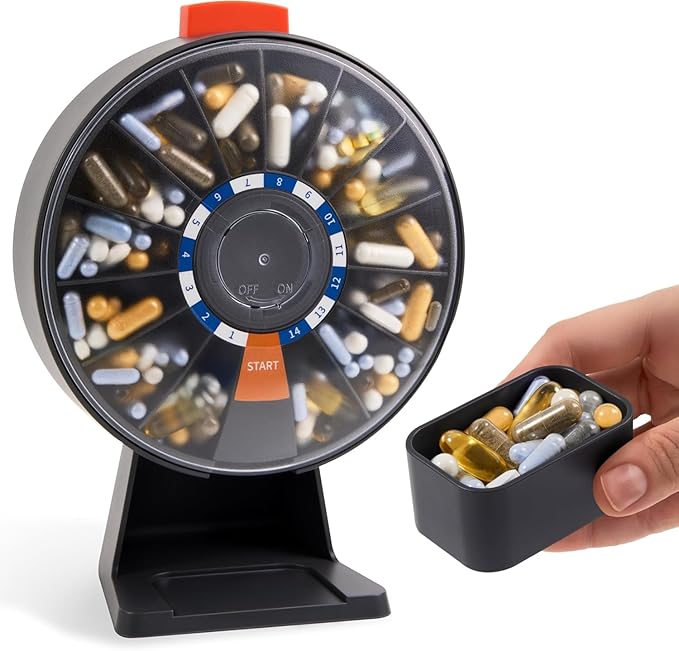 14-Day Rotating Pill Dispenser Wheel Push Button Wall-Mount or Desktop Large Capacity