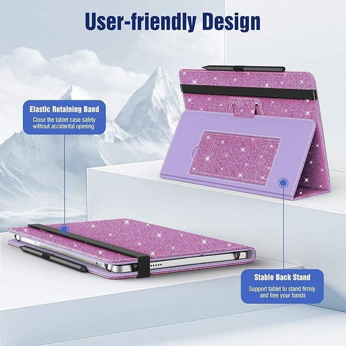 TiMOVO Universal Case for 10.1 Inch Android Tablet with Pen Loop, Lightweight Folding Stand Cover with Hand Strap for All 9.6"-11" Touchscreen Tablet, Glitter Purple