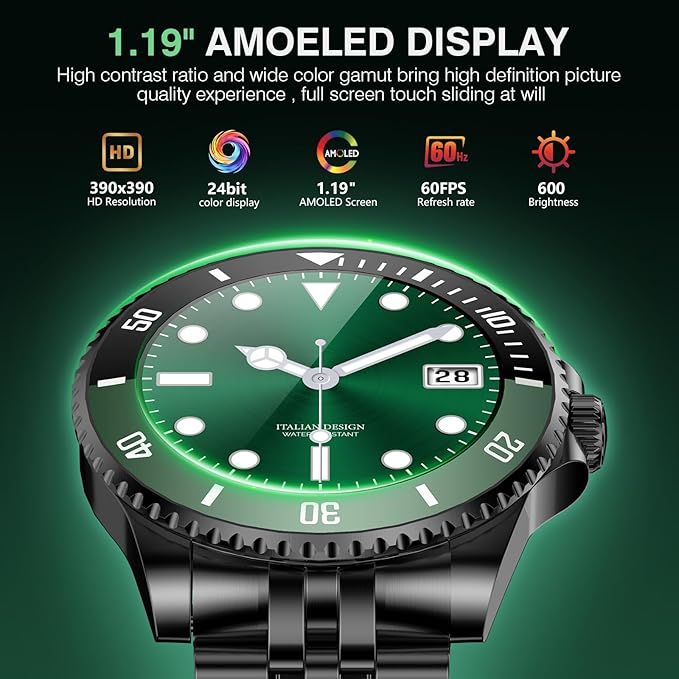 2025 DA GPT Smart Watch with Bluetooth Call,1.19-inch AMOLED Display, 24/7 Heart Rate, Blood Oxygen, Blood Pressure, Sleep Monitor, 107 Sports Fitness Tracker, Compatible Android and iOS Black Green