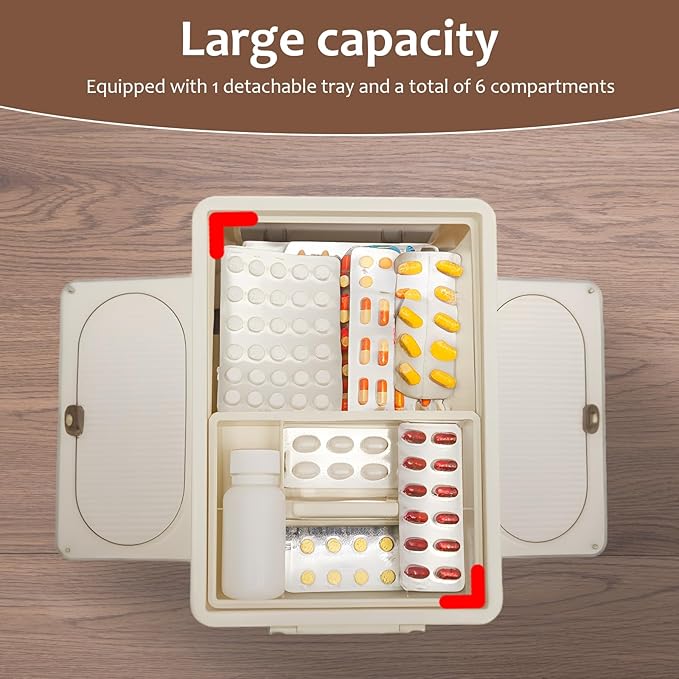 3-Tier Medicine Organizer - Portable Medicine Storage Box Cabinet with Handle, Large Capacity Collapsible First Aid Box with Wheels, Removable Tray Multipurpose Pill Container for Home