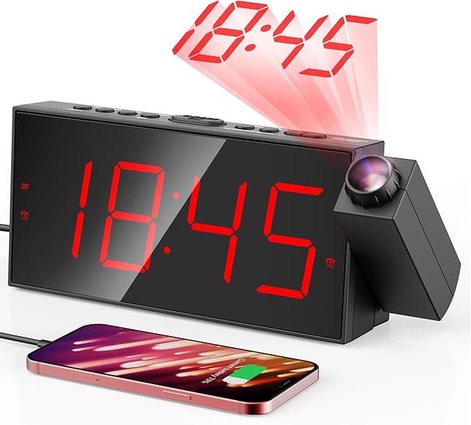 Mesqool Projection Alarm Clock, Digital Clock with 180° Rotatable Projector, 5-Level Brightness Dimmer, Clear LED Display, USB Charger, Progressive Volume, 9mins Snooze,12/24H, for Bedroom