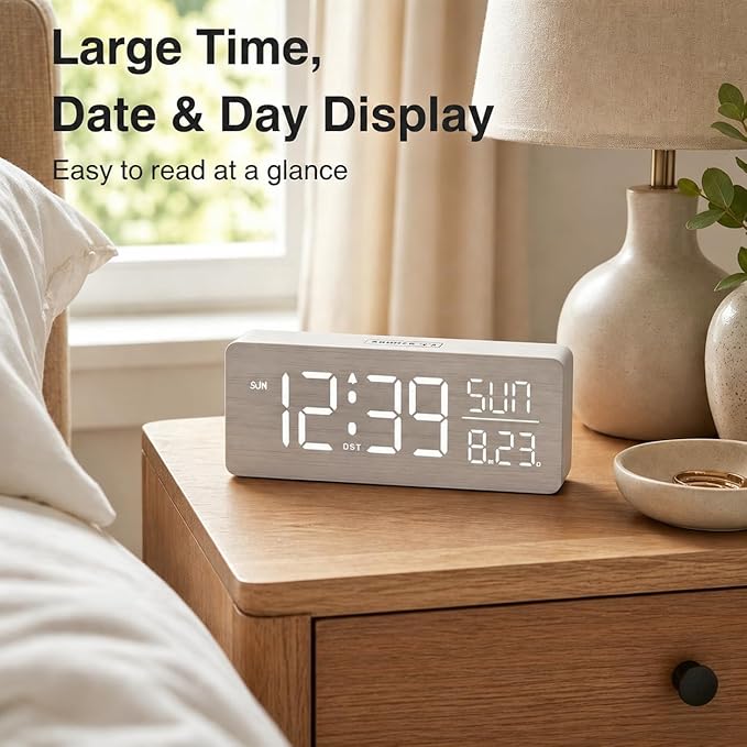Peakeep Wooden Digital Alarm Clock Large Display, Textured Desk Table Decoration for Bedroom Living Room, Plug in Clock with Time Date Day, 5 Brightness, Auto DST