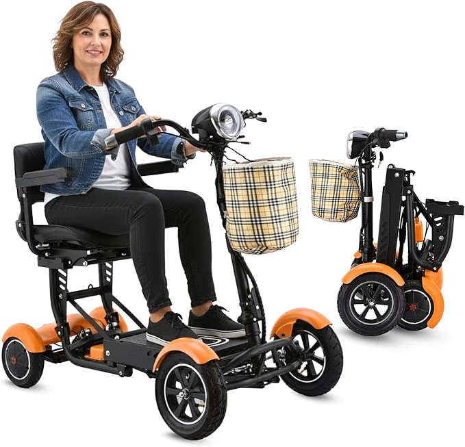 Dragon Mobile EX 4 Wheel Foldable Mobility Scooter for Adults, Elderly & Travel - All Terrain Aluminum Alloy Power Wheelchair with Premium Large Seat - Front Basket Included (Matte Orange)